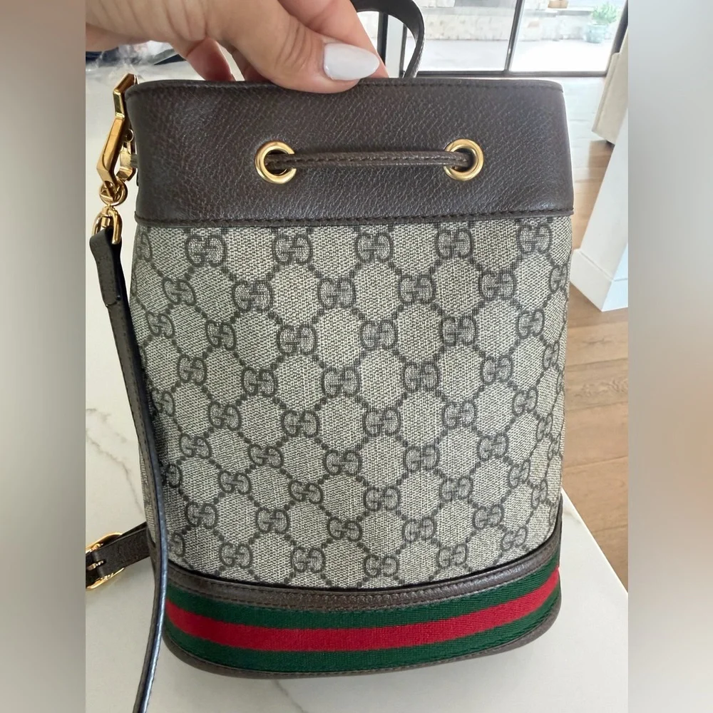 Gucci Brown GG Supreme Small Bucket Bag with Green Red Stripe w organizer COA - Picture 5 of 7